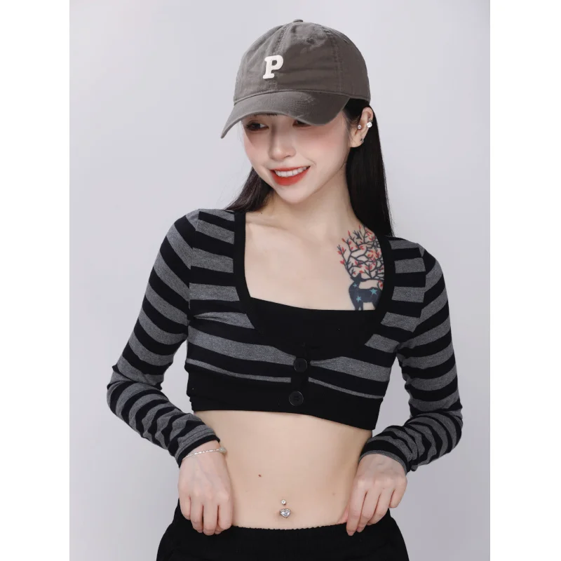 

Slim Fit Striped Crop Top Women's Casual Long Sve T-irt Trendy Belly Button Exposure Design Autumn Winter New Arrival