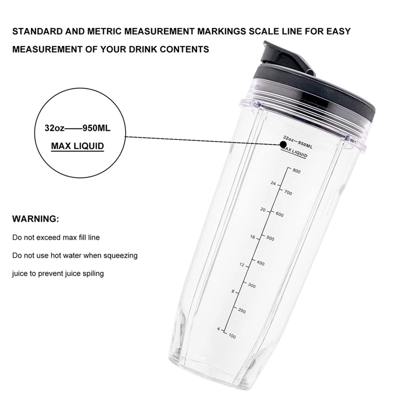 2 Pack 32Oz Replacement Mixing Cup With Sip Lid For Ninja BL450 BL454 BL456 BL480 BL482 BL640 BL642 BL682 BN751