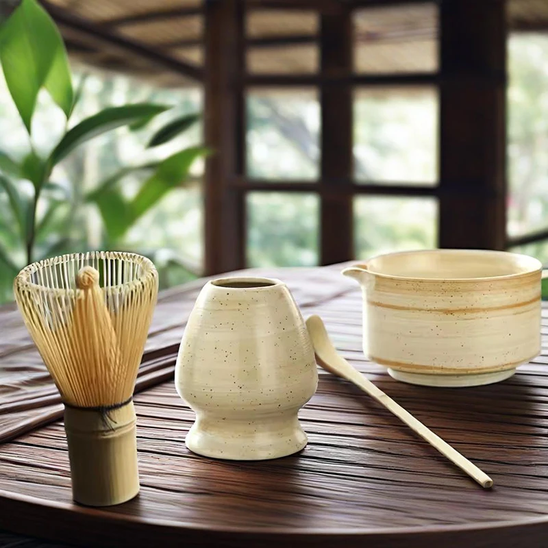 4PCS Japanese Matcha Set Bamboo Whisk Teaspoon Ceramic Bowl Matcha Ceramic Set Tea-making Tools Accessories CJTZ005