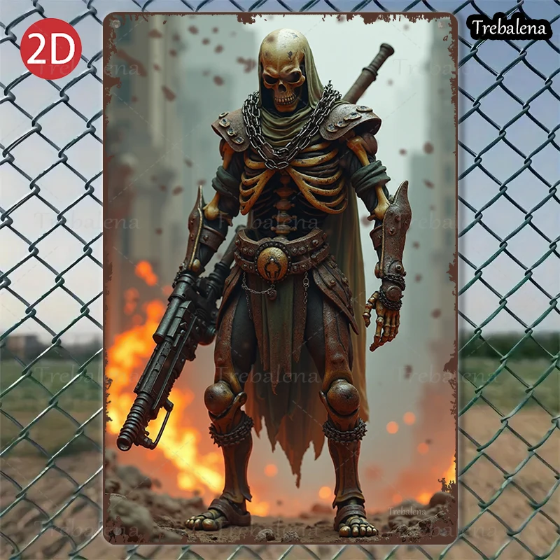 

1PC 2D Flat 8*12inch Metal Sign Skull Warrior with Chains and Fire Scene Metal Art