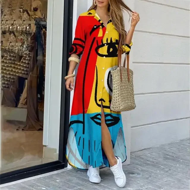 2023 Women Graffiti Print Long Shirt Dresses Casual Turn-down Collar Face Print Maxi Dress Ladies Autumn Long Sleeve Loose Dress