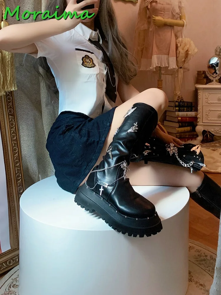 Chain Metal Decor Knee High Boots Round Toe Thick Bottom Side Zipper Leather Black Solid WInter Cool Women Shoes Fashion 2023