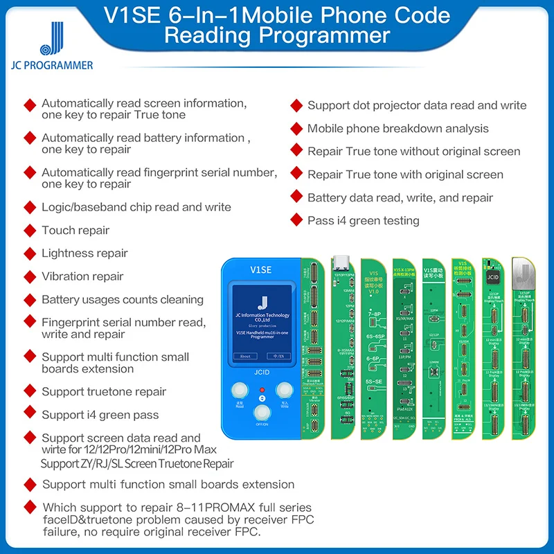 JC Phone Reading Programmer V1SE Face ID 12in 1 JCID Photosensitive Original Color Dot Matrix Board For Iphone Ture Tone  Repair