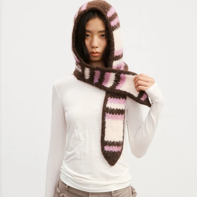 Winter-Wärmeschal mit Ohrenschutz, Nackenwärmer, einteilige Balaclava-Mütze, farblich abgesetzte gestreifte Pullover-Strickmütze für Damen. – Detail 1