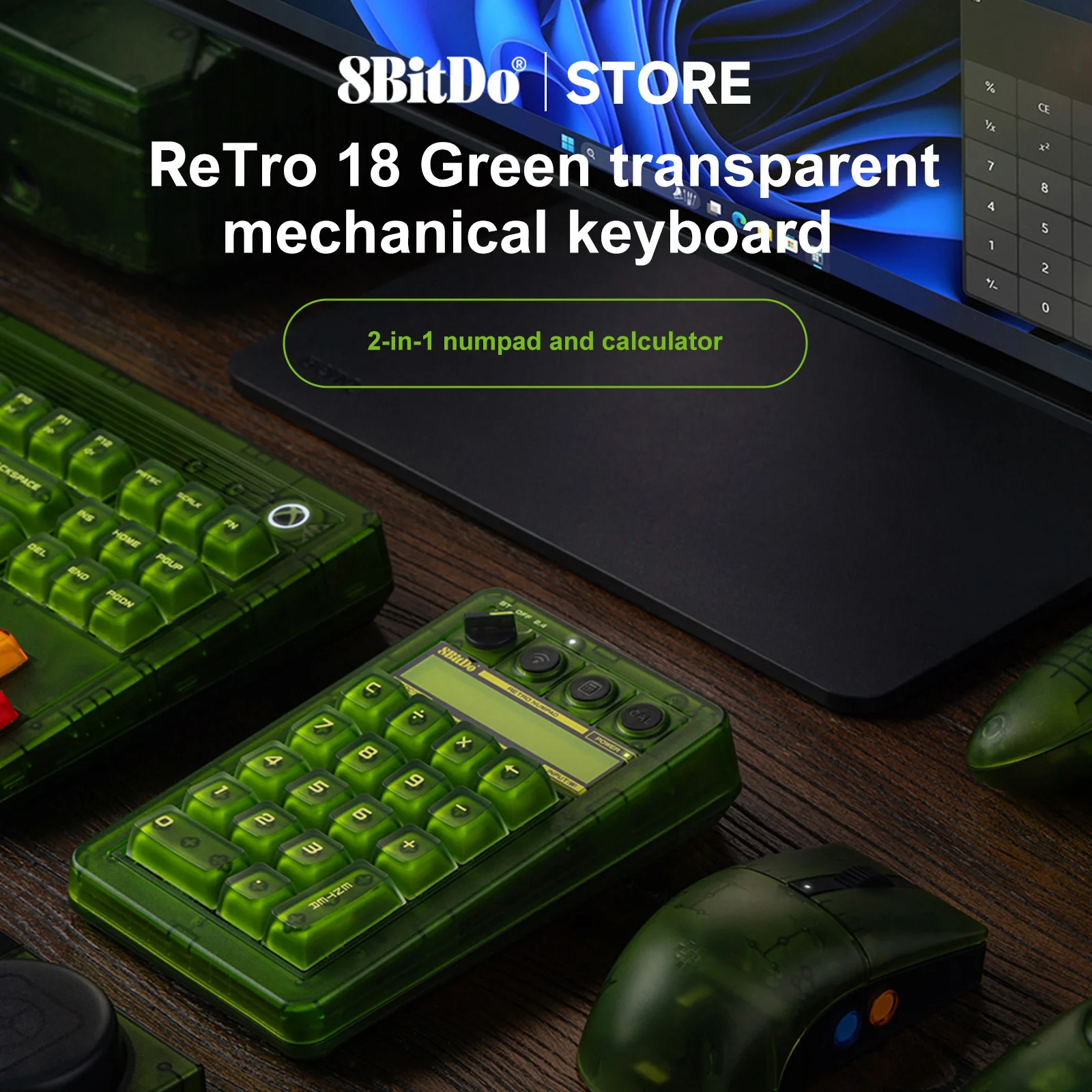 Teclado Numérico Mecánico Retro 18 de 8BitDo, con Licencia Xbox, Transparente Verde, Bluetooth 2.4G, Cableado, Intercambiable en Caliente, Modo Calculadora para Windows