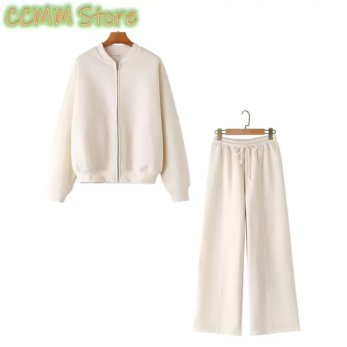 Women's 2-piece Retro Solid Color Zipper Bomber Jacket Sweatshirt + High-waisted Lace-up Women's Loose Velvet Pants Suit