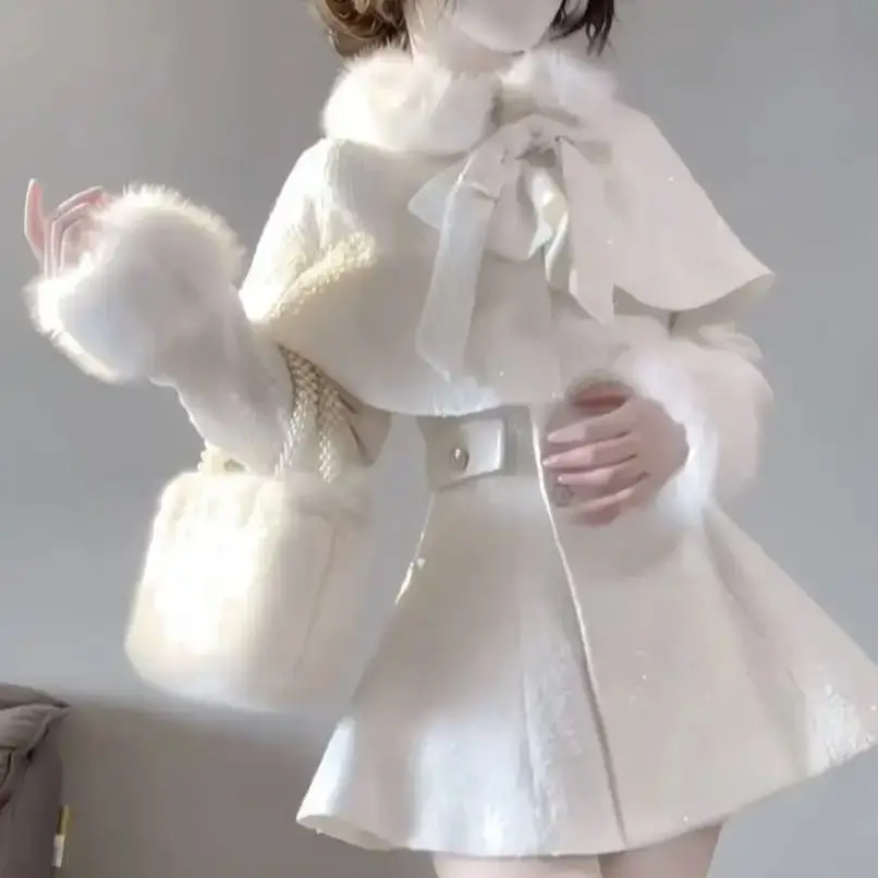 

Japan Sweet Daughter'S Little Fragrance Style Bow Knot Shawl Cloak + Waist Warm Woolen Jacket Autumn And Winter New Suit