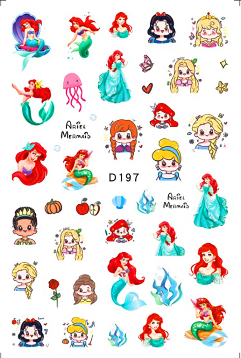 1PCS Cartoon Disney Princess 3D Nail Stickers Nail art Decoration Mermaid Snow White Nail Decals Press on Nails Manicure