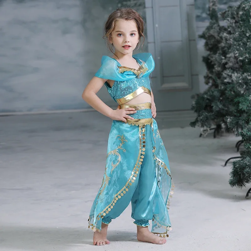 2024 Jasmine Girls Princess Dress Birthday Party Halloween Cosplay Aladdin Magic Lamp Costume for 3-10 Years Old Kids Vestidos