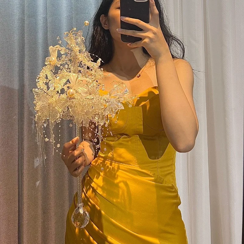 

Sun Moon Ice Crystal Iris Streamer Scepter Bridal Wedding Bouquet Gorgeous Heavy Industry Premium Fairy Fan DIY Gift