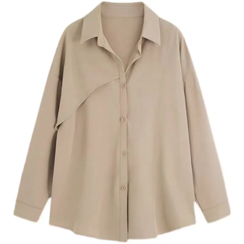 เสื้อเชิ้ตผู้หญิงสไตล์ฝรั่งเศส ผ้าชีฟองเรียบง่าย สไตล์ลำลอง ทรงหลวม ไม่สมมาตร ติดกระดุมแถวเดียว เหมาะสำหรับใส่ทำงานในออฟฟิศ  คอลเลคชั่นฤดูใบไม้ร่วง