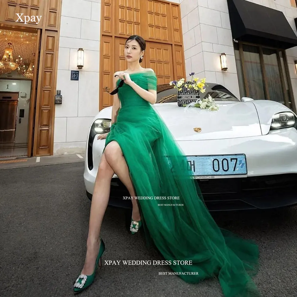 

XPAY Sexy Green Mermaid Korea Evening Dresses One Shoulder Tulle Wedding Photos Shoot High Side Slit Formal Party Celebrity Gown