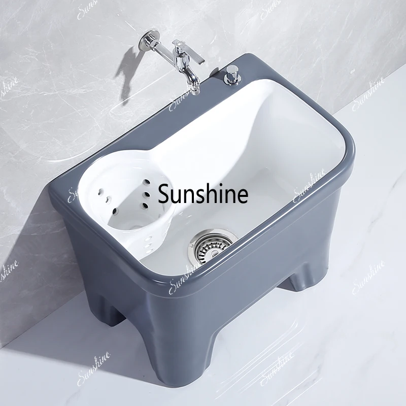 

Balcony mop pool wash pool large floor basin side row with foot drain basket automatic launching ceramic