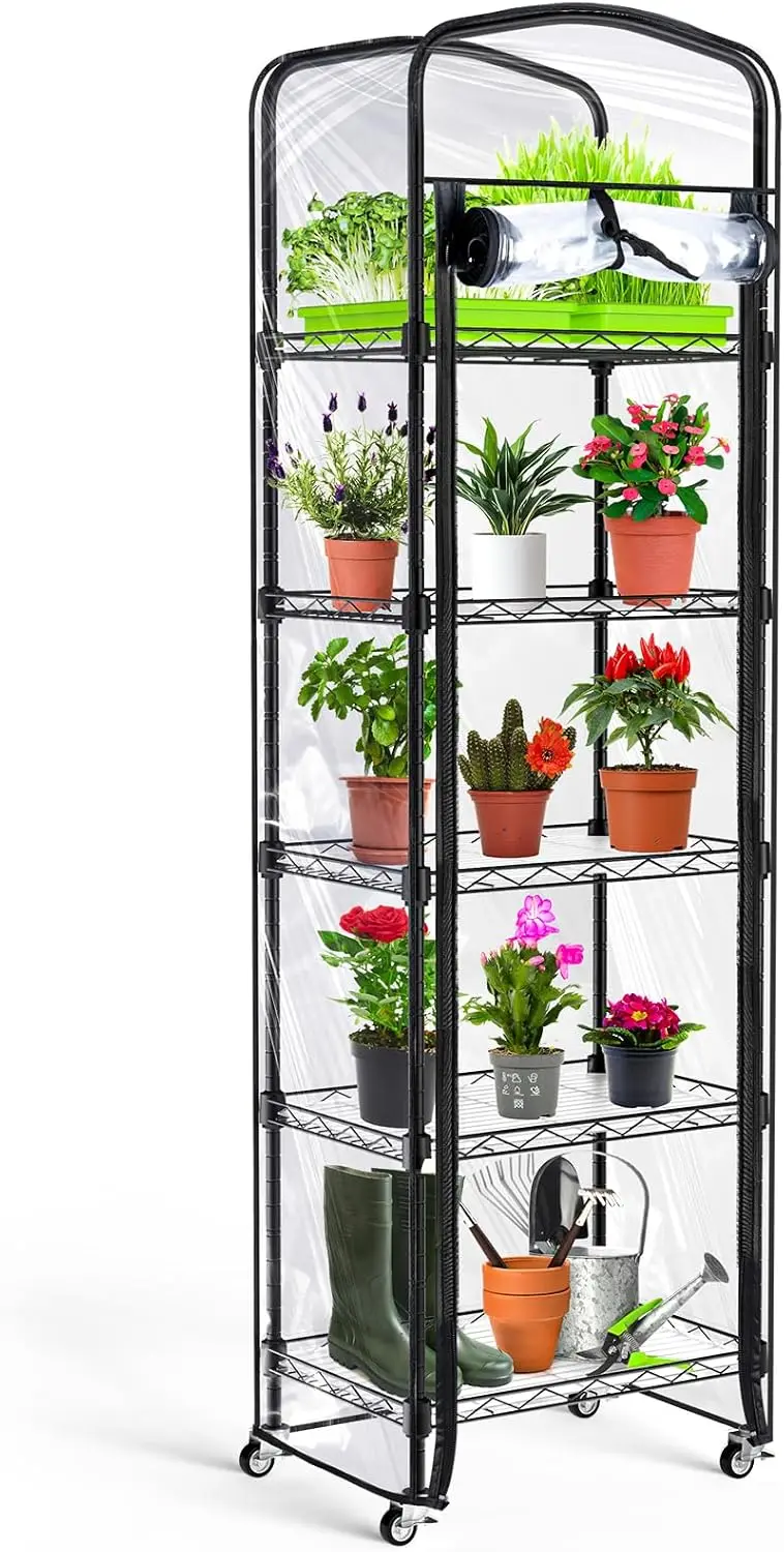 

5-Tier Mini Greenhouse with Caster Wheels, Each Shelf Height Adjustable Metal Plant Shelf with PVC Cover