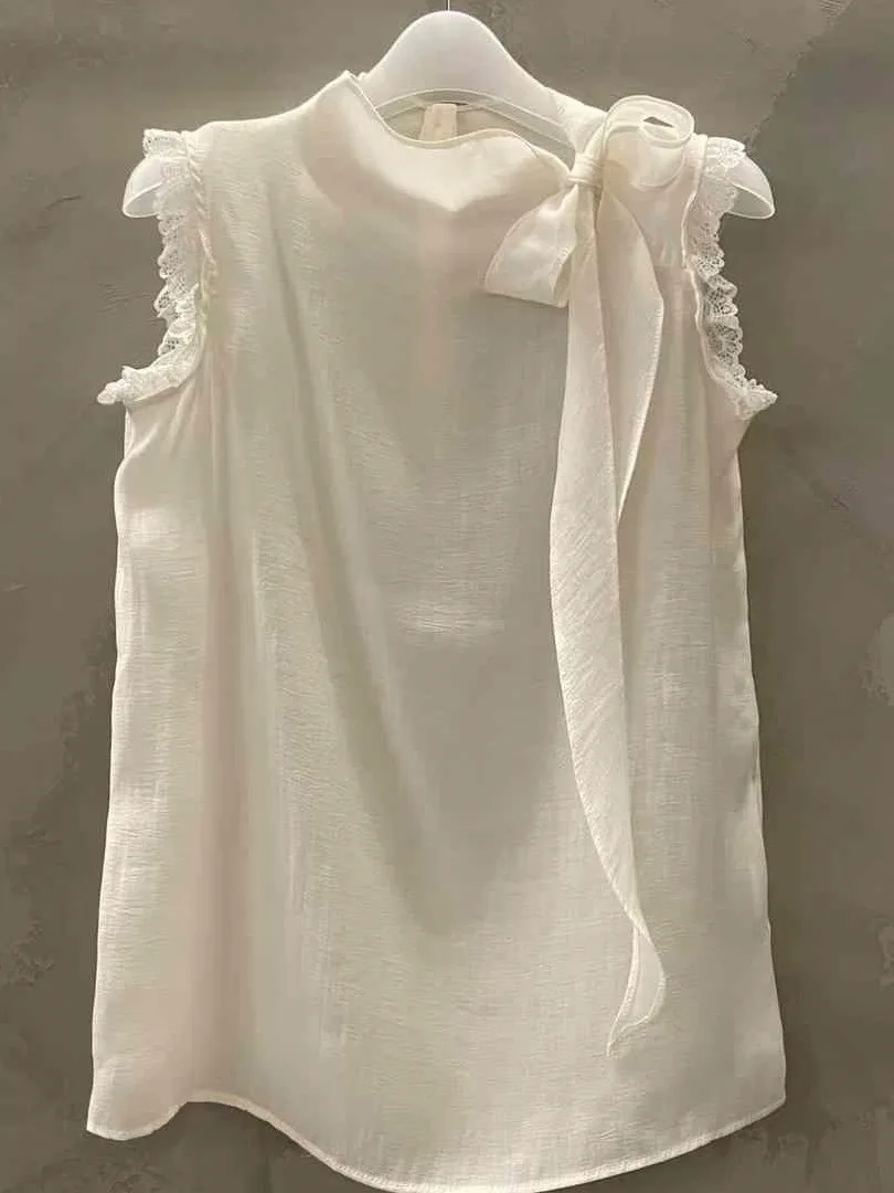 Ele Loose Lace Trim  Knot Belted irt Vest Women's Summer New Sle Casual Svel Top in Pure Color