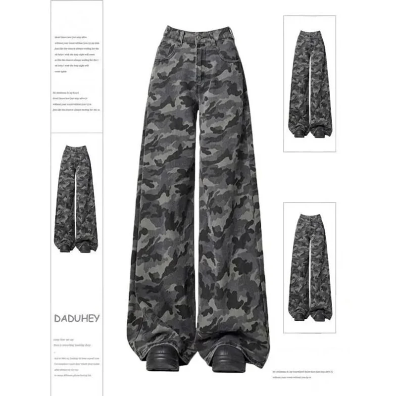 

High Street Female Wide Leg Camouflage Jeans Girls High Waist Loose Cargo Pants Women Korean Retro Fashion Denim Trousers