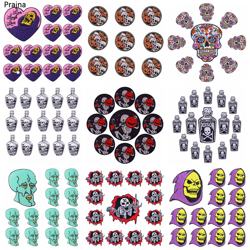 10PCS Wholesale Hippie Skull Patch Iron On Patches For Clothing Stickers Punk Biker Embroidered Patches On Clothes Applique DIY