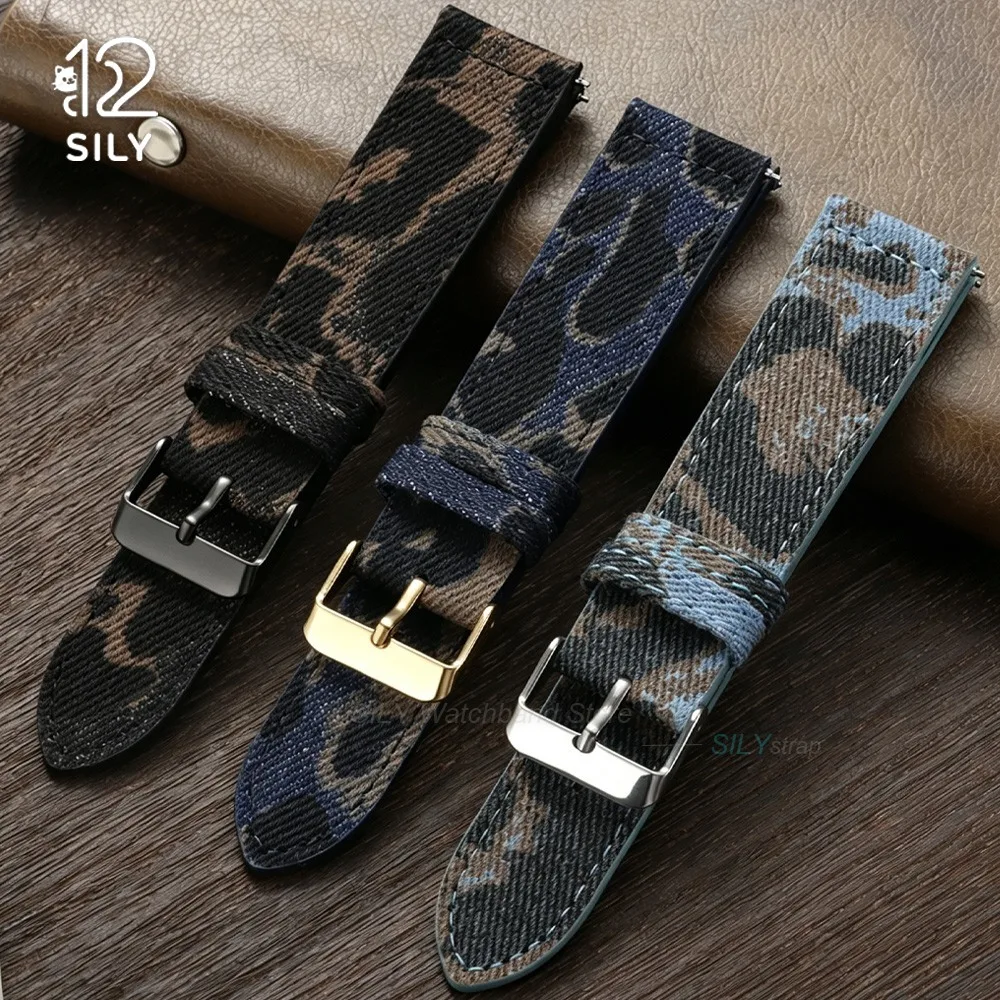 18mm 20mm 22mm Woven Nylon Leather Watchband Leopard‑Print Denim Fabric Watch Strap Men Women Quick Release Bracelet Accessories