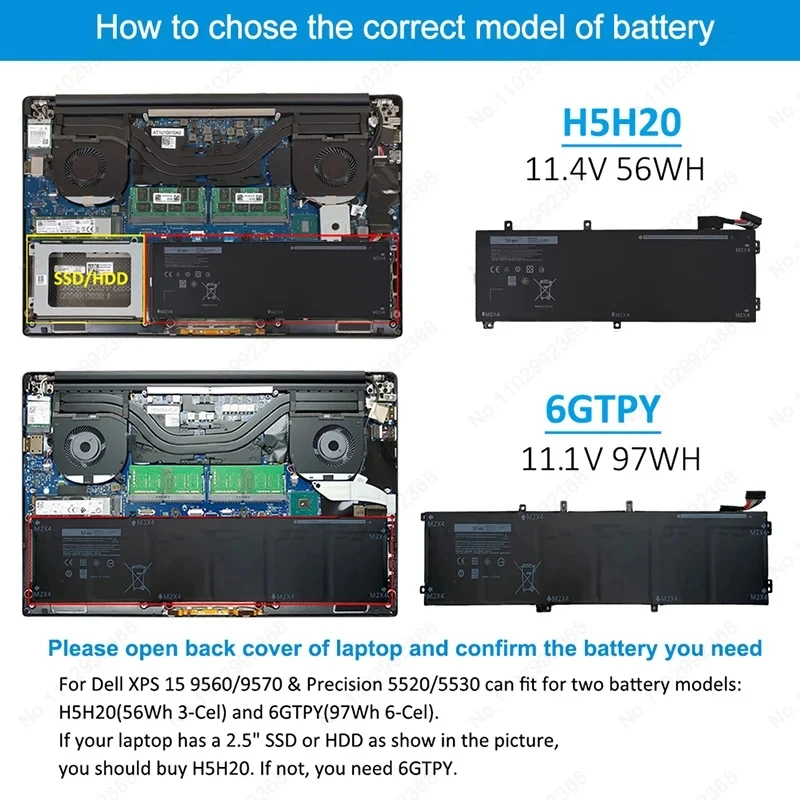 Nobi 6 gtproラップトップバッテリー,h5h20,dell xps 9570 9560 7590,高精度5520 5530シリーズ,ノートブック,11.4v,97wh