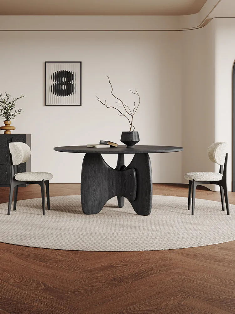 CX retro all solid wood round dining table household 1.2 meters medium antique black solid wood dining table and chairs