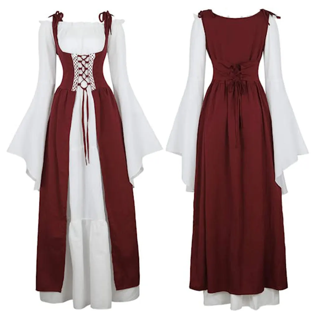 Retro Sukienka Średniowieczna Renesansowa z Kwadratowym Dekoltem i Podkreśloną Talia, Strój na Halloween, Damska Odzież Etniczna na Scenę