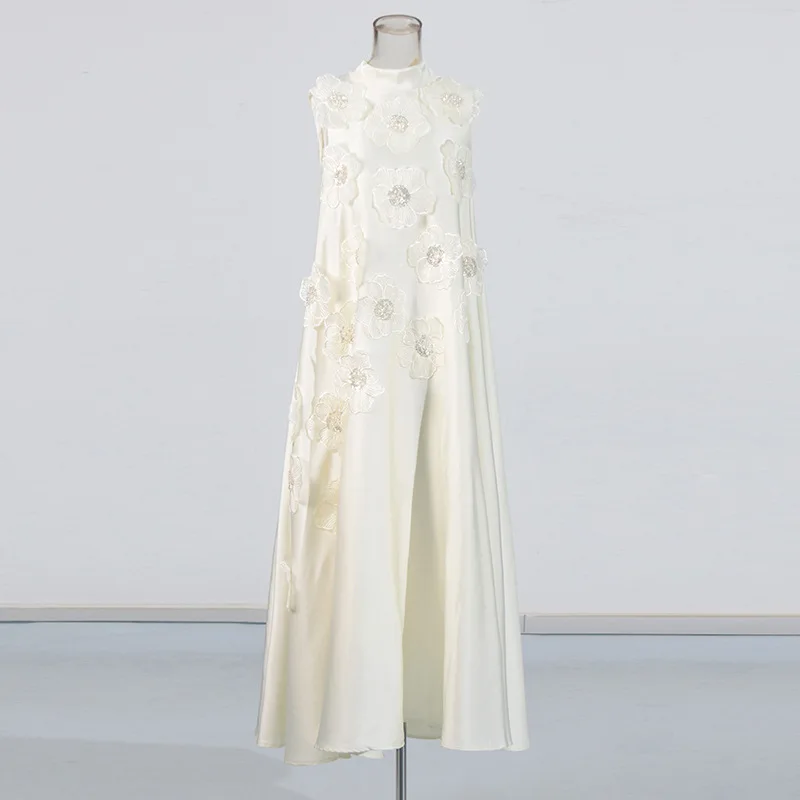Damen Rosa Ärmelloses Midikleid mit Stehkragen, 3D-Blumen-Spitzenapplikationen, lockeres A-Linien-Satinkleid, elegantes Party- und Freizeitkleid – Detail 6