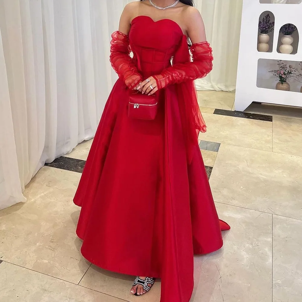 

Modern Strapless Satin Detachable Sleeve Sleeveless A-Line Evening Dresses Sweep Train Pleats Solid Red Color Floor Length