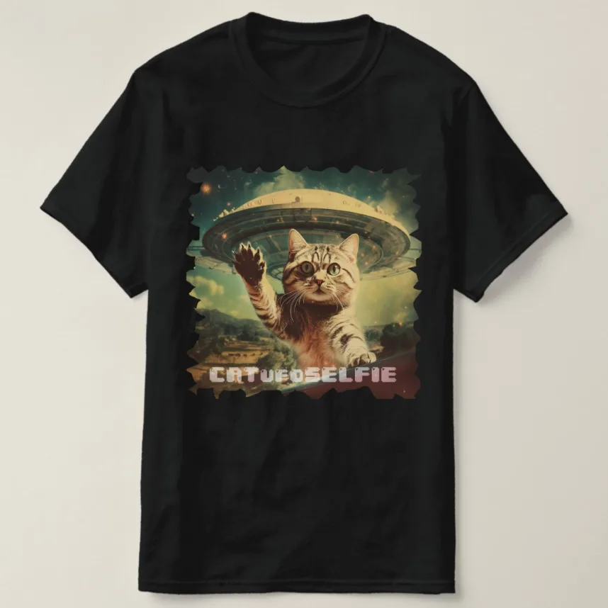 Cat UFO Selfie T-shirt Anime Graphic T-shirts For Men Clothing Women Tees High Quality 100%Cotton Short Sleeve