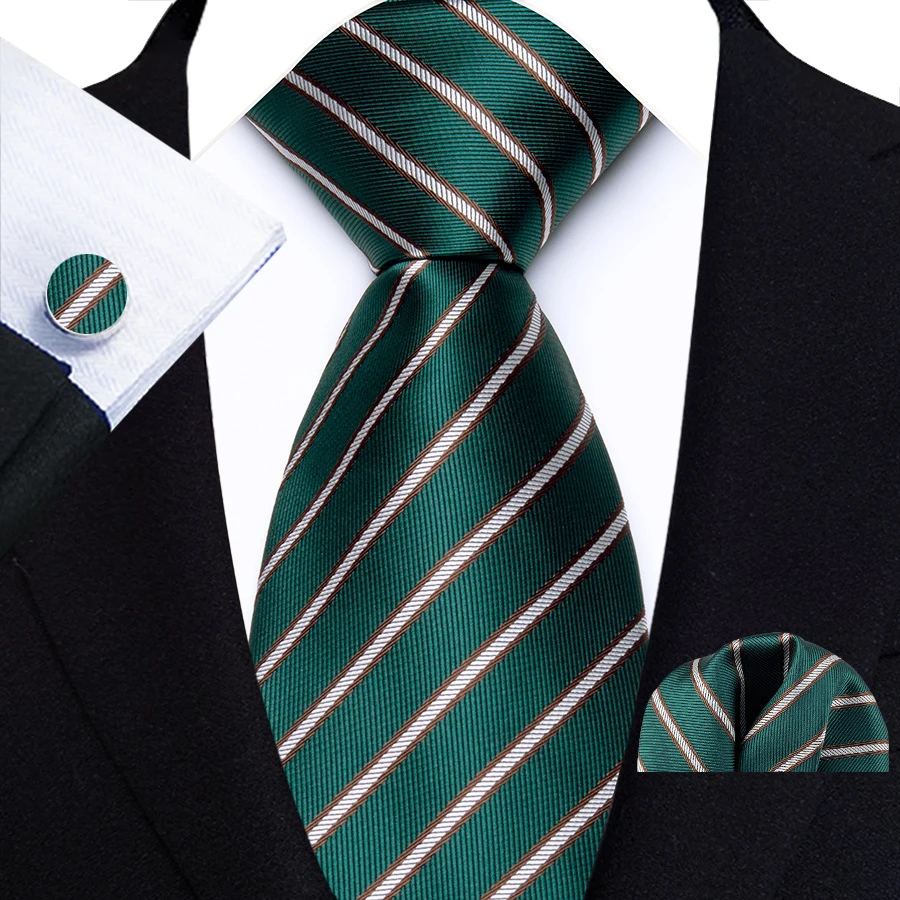 Fashion 8cm Mens Tie Dark Green Solid Paisley Striped Floral Necktie Handkerchief Cufflinks Set For Wedding Business Party