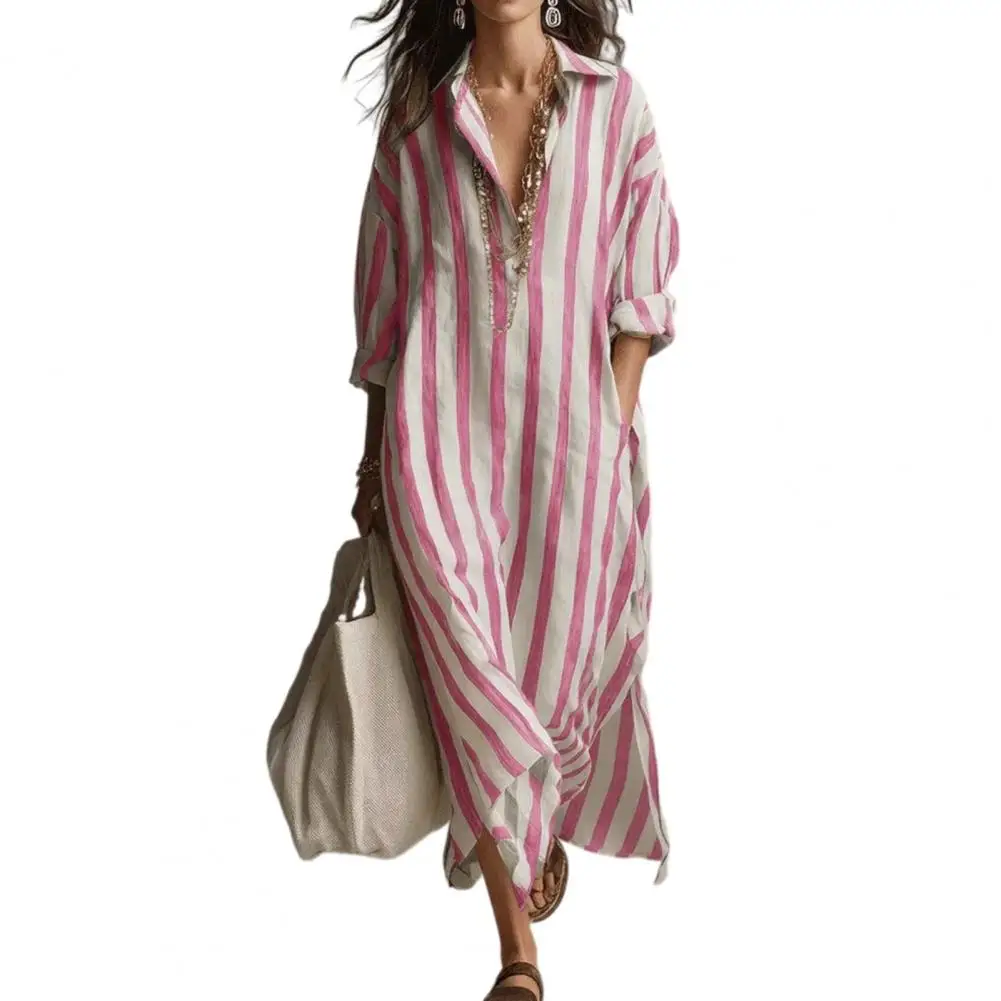 

Loose Shirt Dress for Women Casual Long Sleeve V Neck Striped Long Dress Travel Vacation Maxi Dress with Pockets