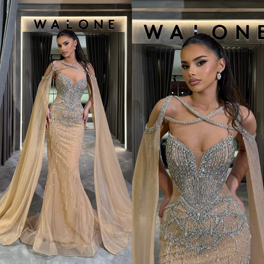 

Gorgeous Evening Dresses Strapless Crystal Prom Gown Detachable Cape Sleeves Beads Illusion Mermaid Customized Vestidos De Noche