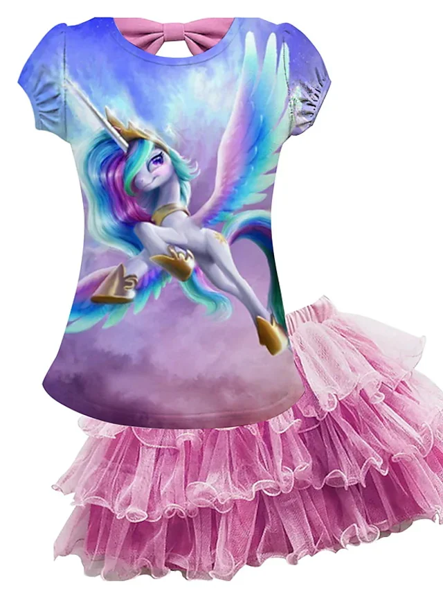 Hibobi-Camiseta de manga corta con estampado de unicornio y manzana para niña, vestido de retazos de malla de Color sólido, 2 piezas