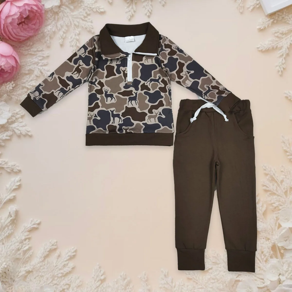 Baby Boy Long Sleeve Deer Camo Zipper Pullover Top Kids Set Pants Hunting Lapel Infant Children Toddler Outfit Clothes Wholesale