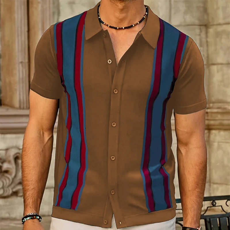 

Vintage Striped Patchwork Mens Knit Shirt Summer Short Sleeve Button Lapel Slim Casual Shirts For Men Knitwear Fashion Cardigans