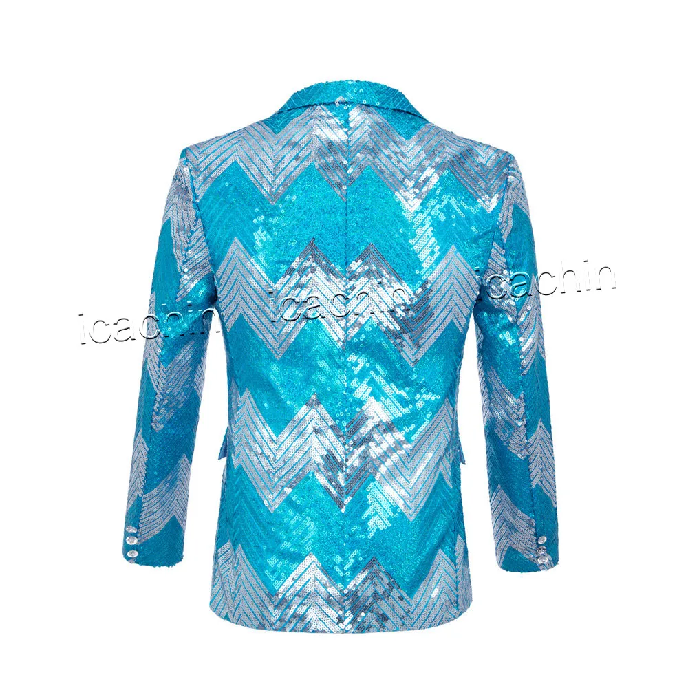 Sequin Jacket Man Wave Pattern Blazer Men Halloween Dress Sky Blue Vibrant Color-blocked Suit Jacket