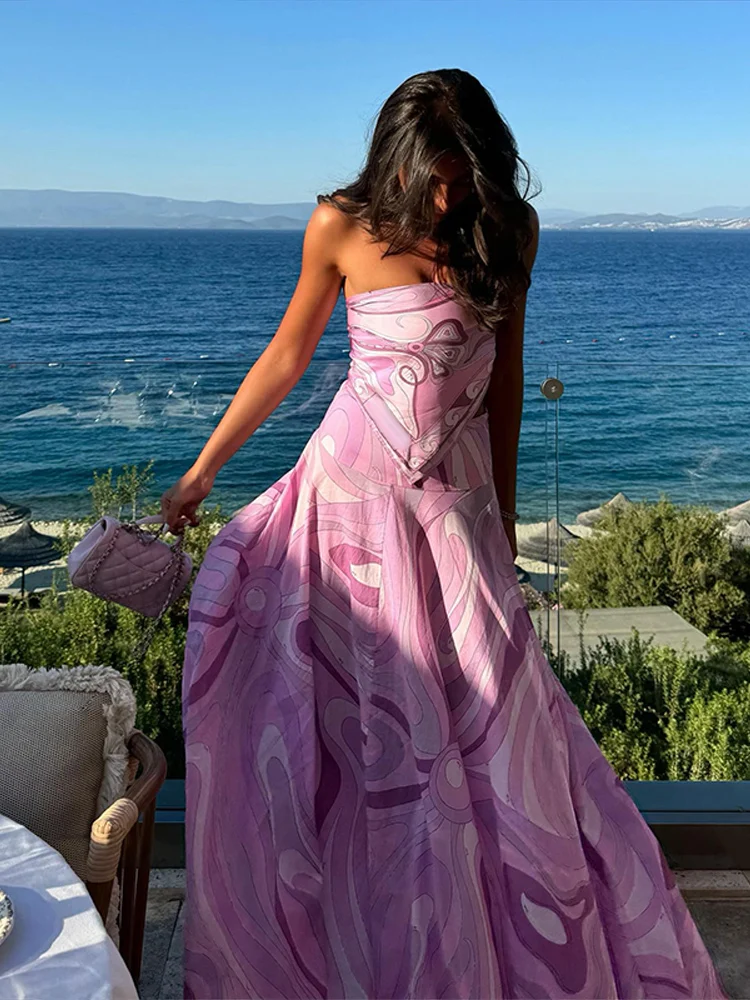 

Сексуальный топ без рукавов с принтом, длинная юбка, женские повседневные топы с открытой спиной на шнуровке, свободные юбки, комплекты женских новых летних шикарных уличных праздников