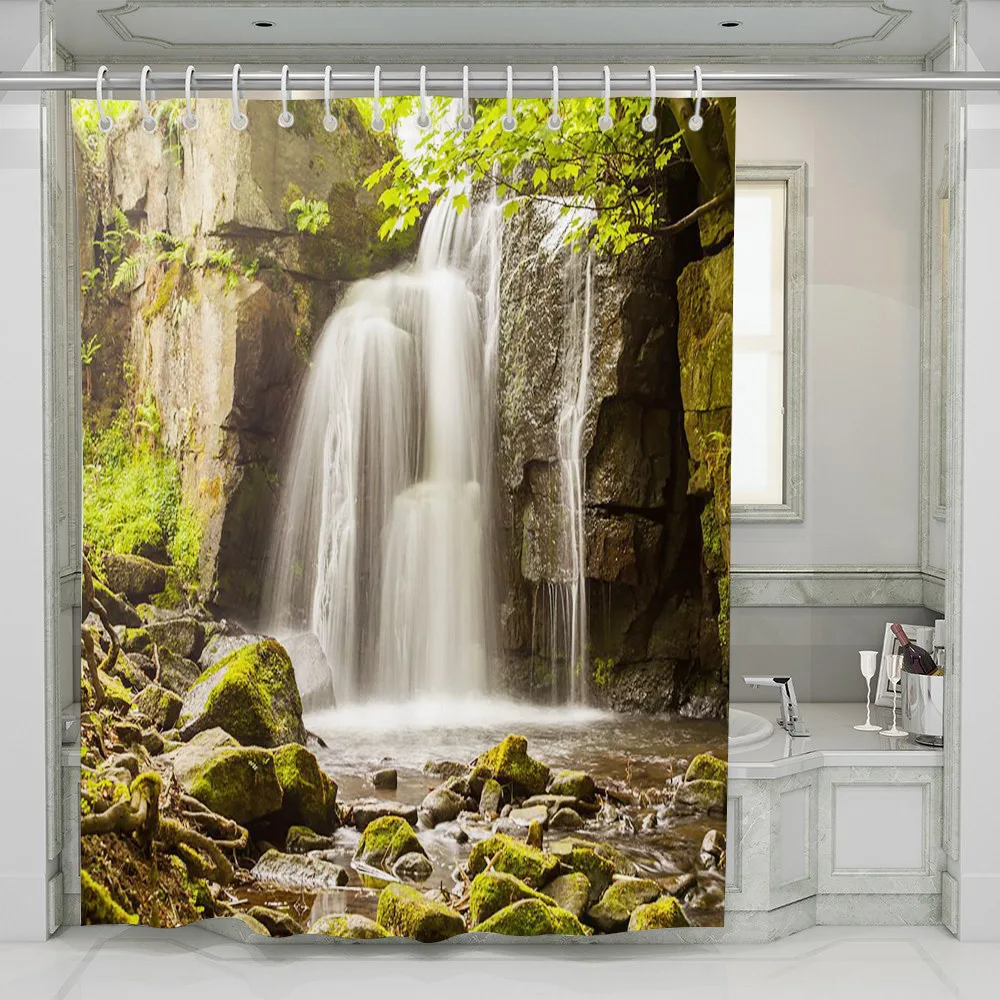 Mountain Stream Shower Curtains for Bathroom Green Trees Forest Waterfall Scene Bath Curtain Nature Fabric Bathroom Curtain Hook