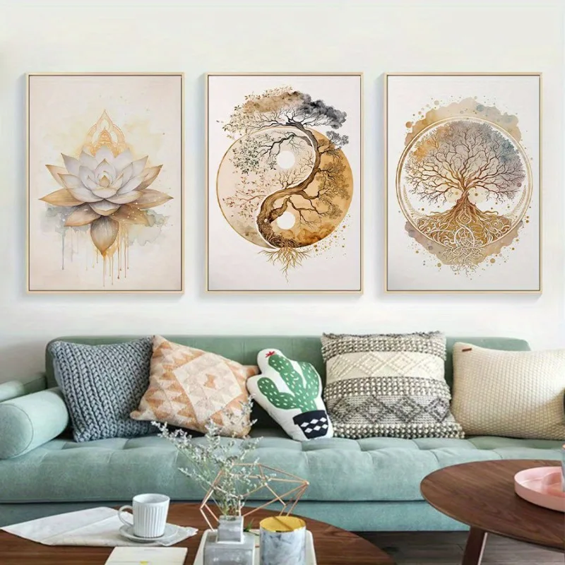 

3pcs Wall Art Posters Featuring Bohemian Golden Lotus and Tree of Life Designs, Perfect for Home Decor. Unframed Canvas Prints