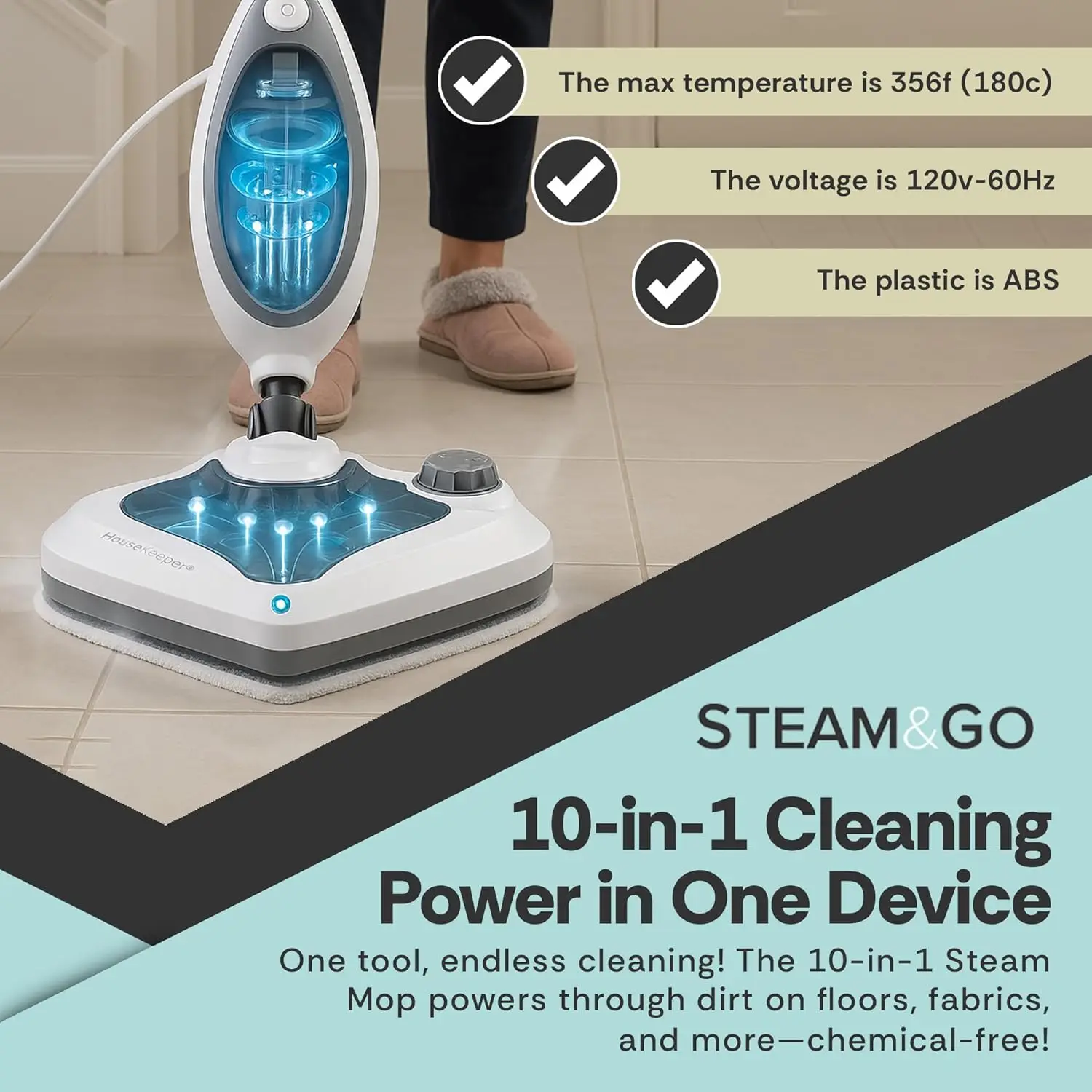 Steam and Go 10-in-1 Steam Mop - Floor Steamer with Detergent Chamber and Detachable Handle for Tile Grout, Clothes, Furniture,
