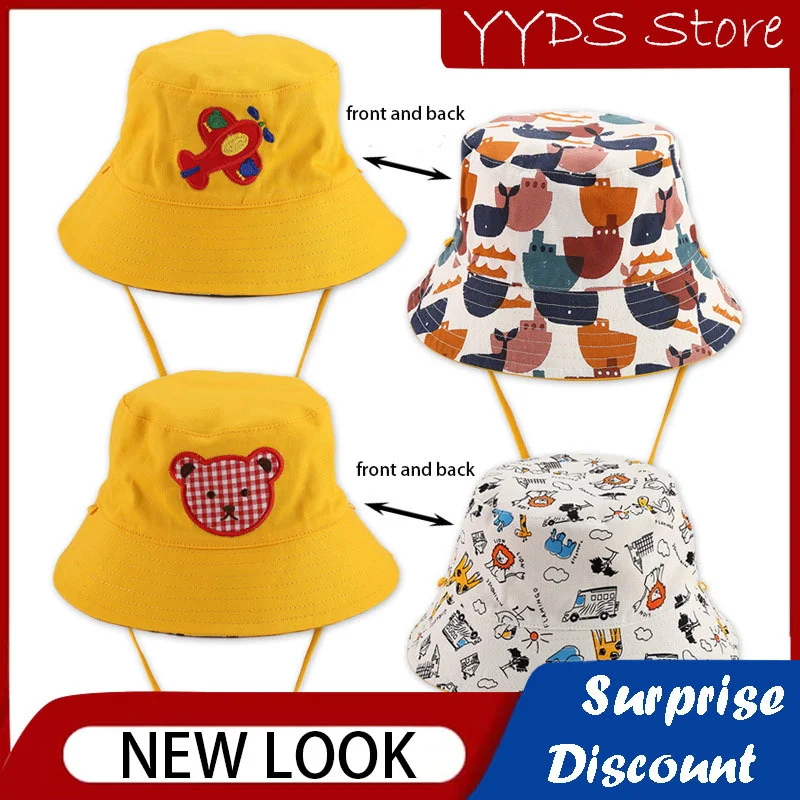 Children's Fisherman Hat Spring Yellow Embroidered Bear Double-sided Fisherman Hat Beach Sunscreen Hat Outdoor Travel Sun Hat