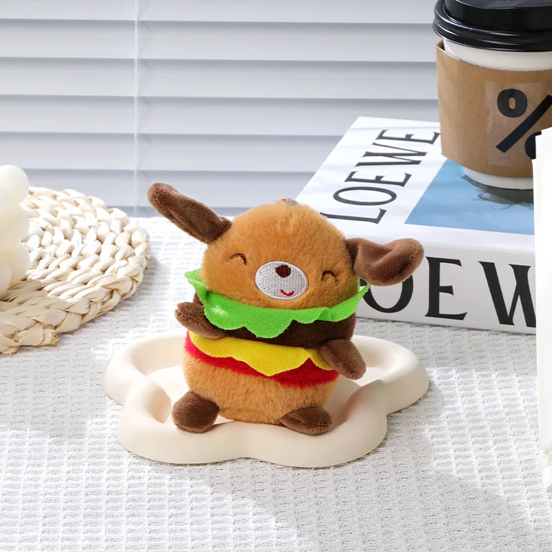 Nieuwe Schattige Hamburger Panda Hond Pluche Speelgoed Pop Sleutelhanger Cartoon Zachte Pluche Hond Pop Rugzak Hanger Verjaardagscadeaus