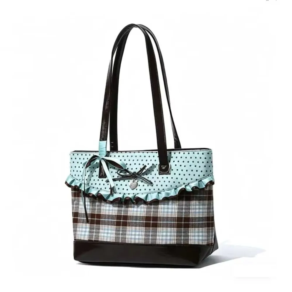 Sweet Mint Green Canvas Tote Bag Plaid Pattern Chocolate Color Plaid Tote Bag Bow Lace Polka Dot Design Polka Dot Crossbody Bag