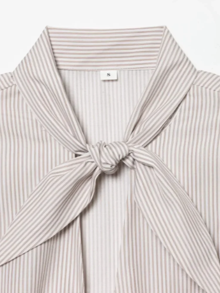 Fashion Striped Pink Shirt Women Notched Collar Tie Long Sleeve Elegant Commute Daily Streetwear Top