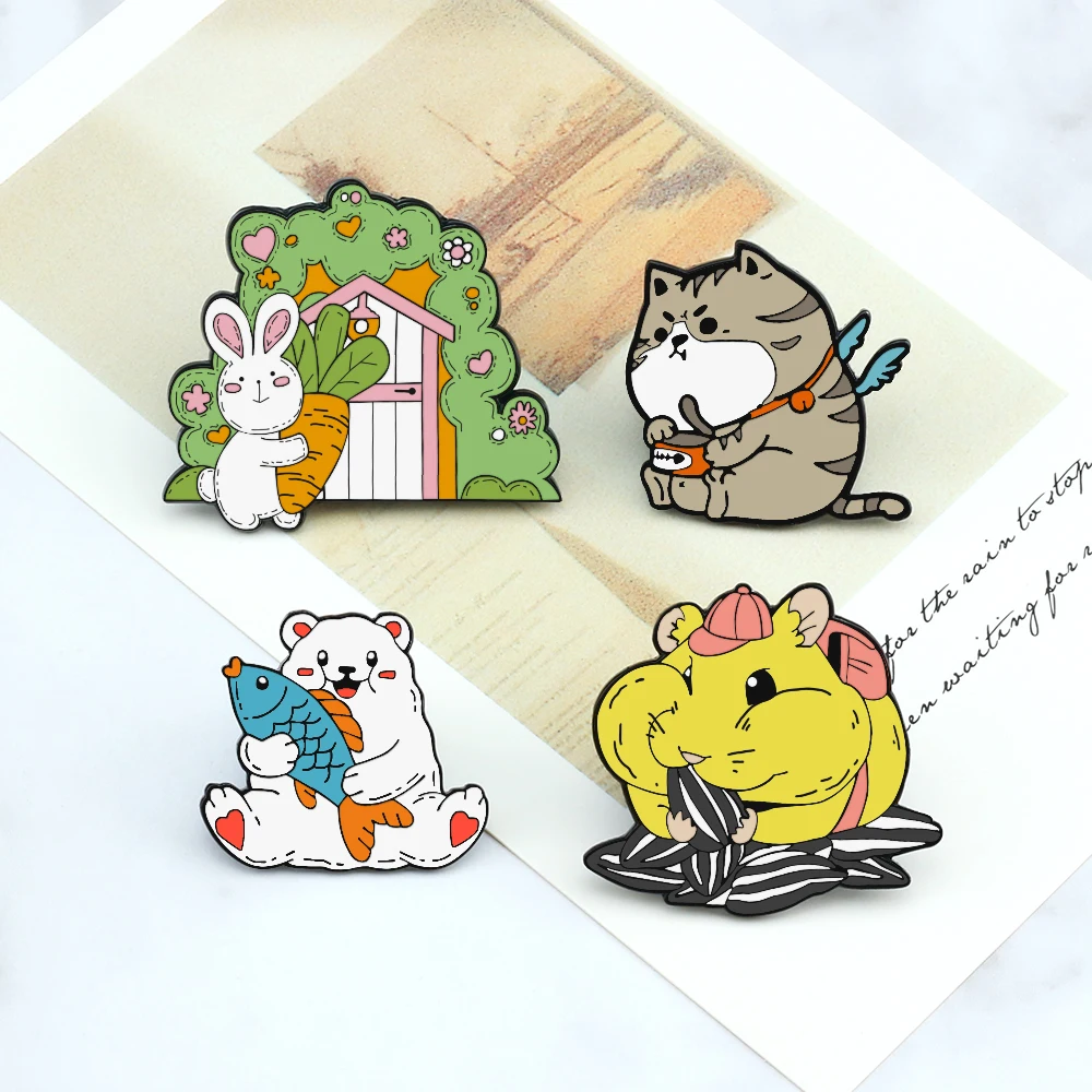 2-7Pcs/Set Punk Skeleton Gesture Brooch Enamel Cartoon Cat Polar Bear Pin Sticky Notes Knitted Heart Hamburger Badge Bag Jewelry