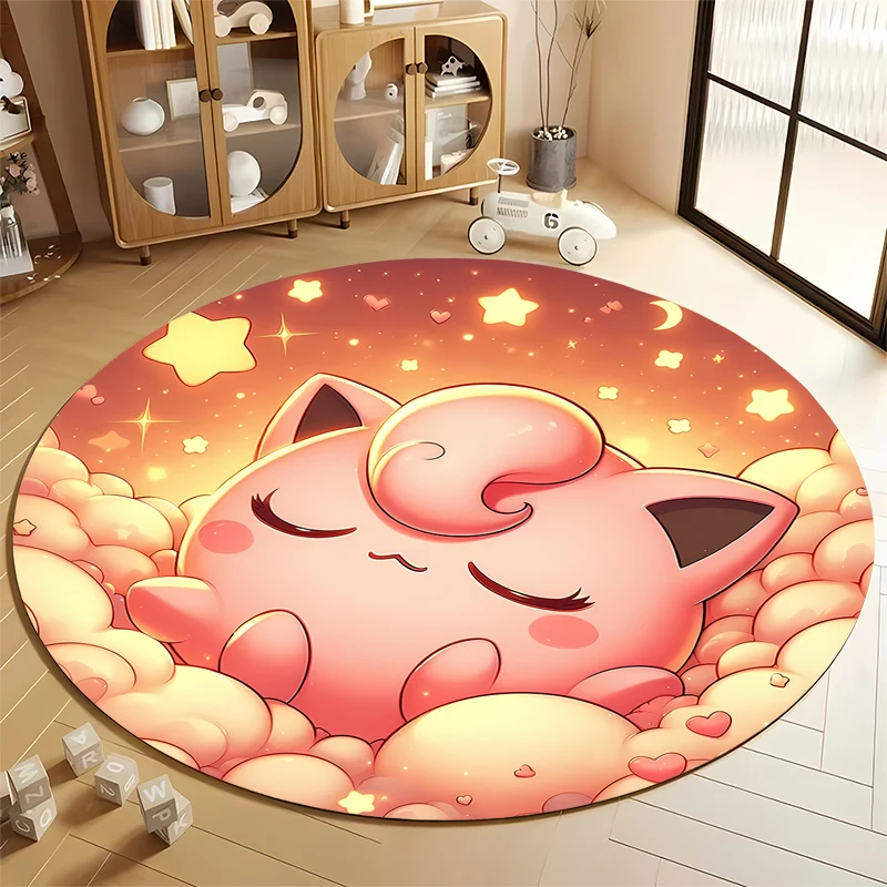 Pokemon Jigglypuff Round Carpet Rock Floor Mats Flannel Printed Area Rug Sound Insulation Pad for Music Bedroom Decorative