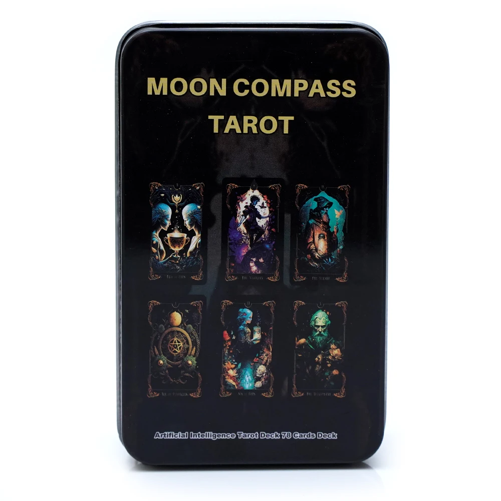 Moon Compass Tarocchi Scatola di latta Carte dei tarocchi Bordo dorato con guida di carta Oracle Tarocchi Mazzo di gioco Carte astrologiche per feste Oracle
