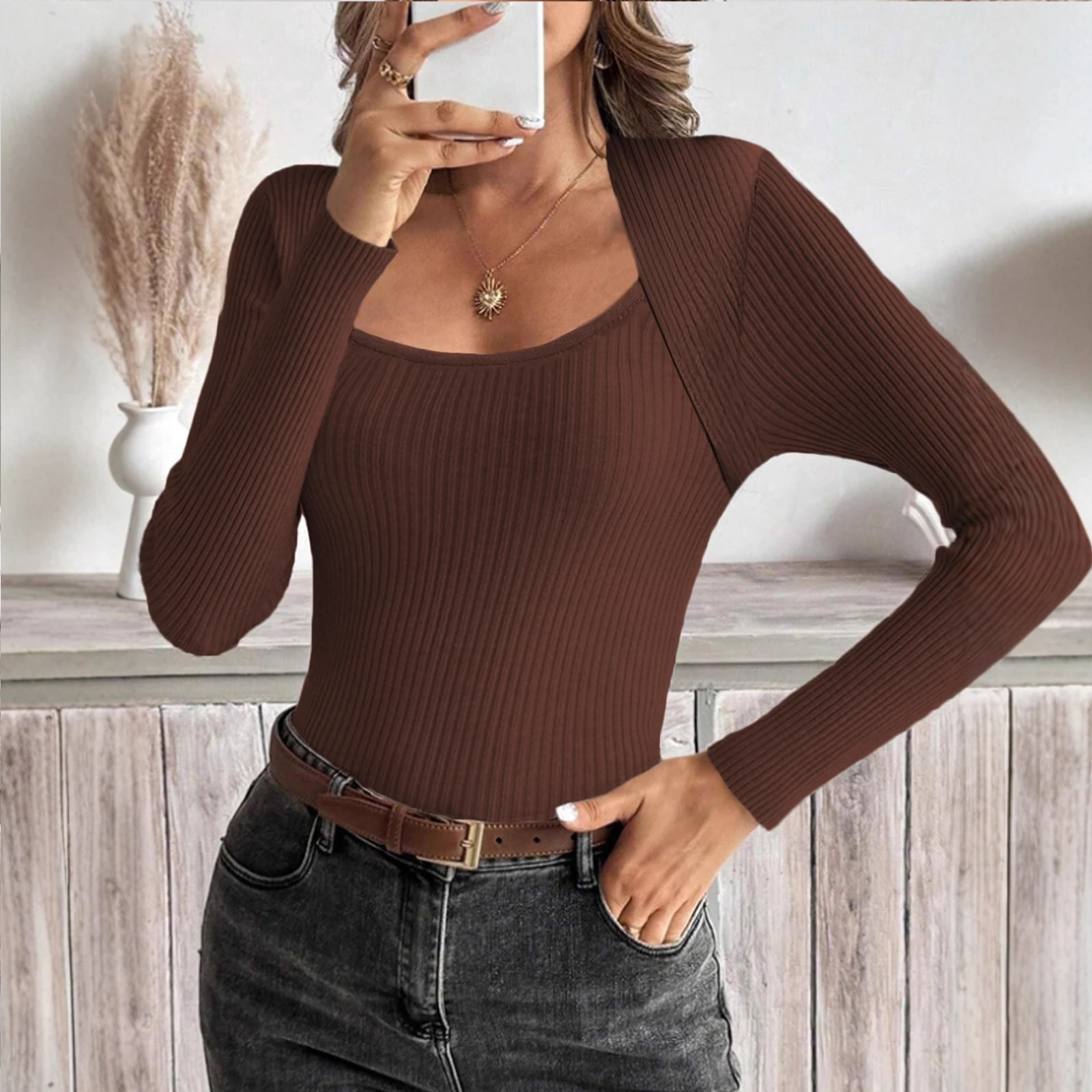 Dames trui met vierkante hals en lange mouwen Gebreide trui Dieptepunt Shirt Ropa De Mujer Winterkleding Dames trui voor dames