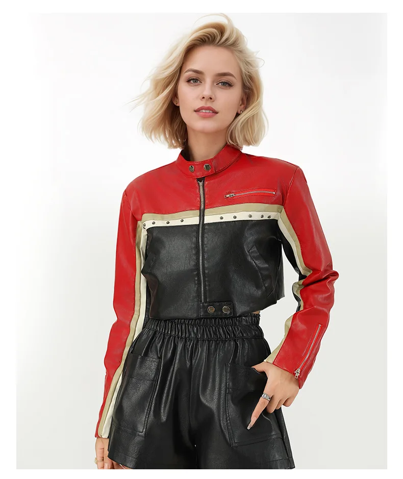 High quality contrasting splicing PU leather waist exposed women's leather jacket rock punk short motorcycle top