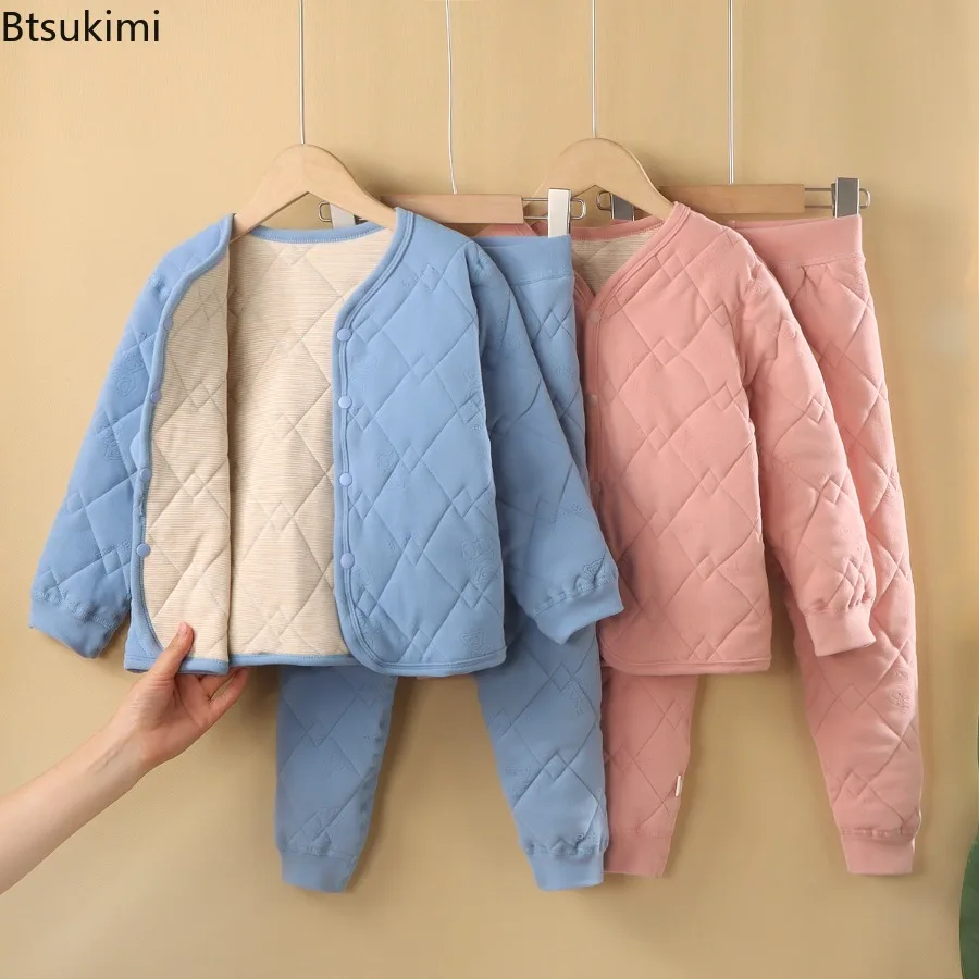 Children's Autumn Winter Warm Two-piece Set Boys Girls Soft Three-Layer Thicken Cotton Jacket +Trousers New School Uniform Set