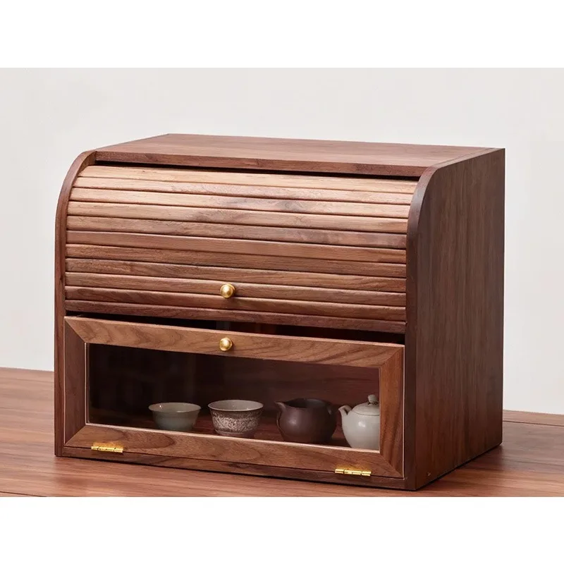 

Wooden Cup Storage Cabinet Dust-Proof Organizer Shelf for Tea Set Coffee Mugs Solid Black Walnut Display Sideboard Storage Box